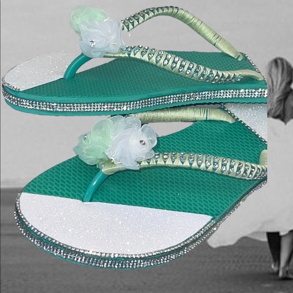 Old navy flip flops| Bridal Shoes| Beach Wedding| Mint Green Size 7-8| crystals - Picture 4 of 16